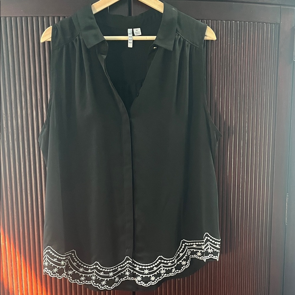 Elle Black Blouse with White Embroidered Hem